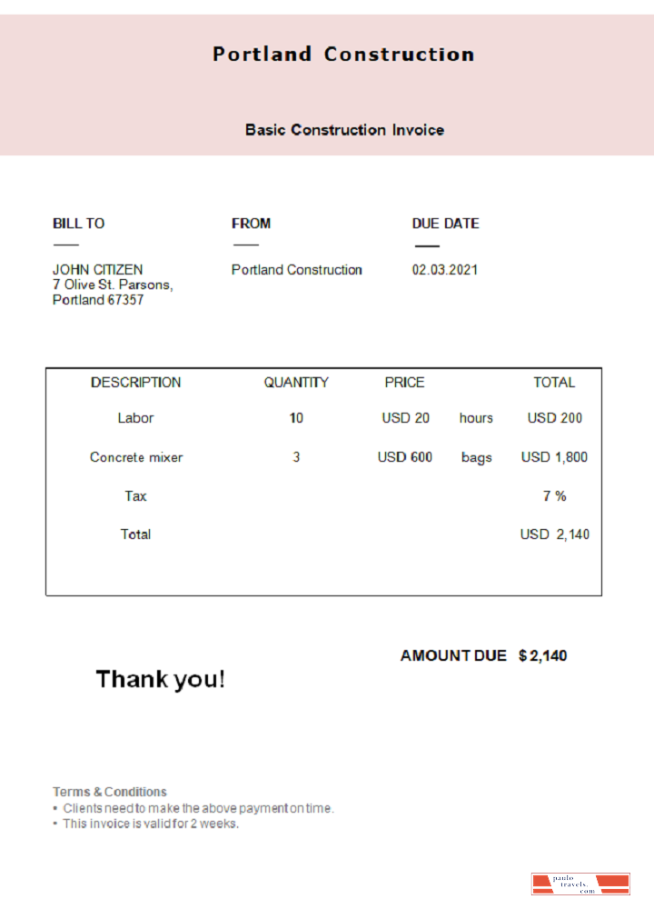 USA Portland Construction invoice PSD template